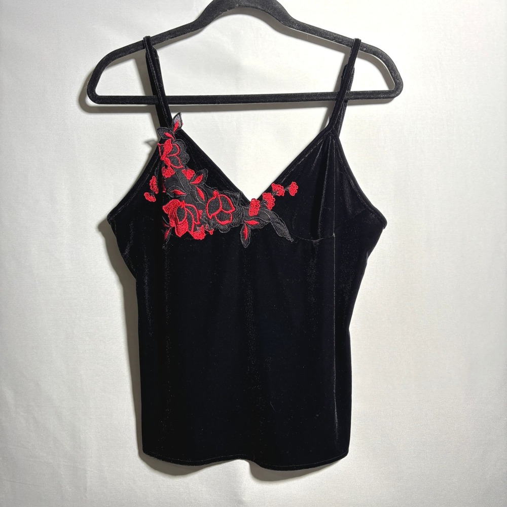 Black Velvet Cami Top Red Floral Embroidery V Neck‎ Strappy Dark Romantic Y2K L